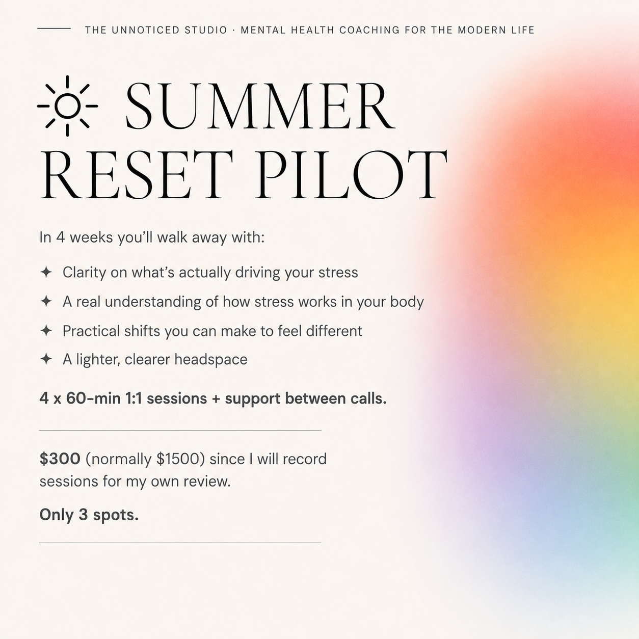 Summer Reset Pilot — Only 3 spots. $300. Book a free call.
